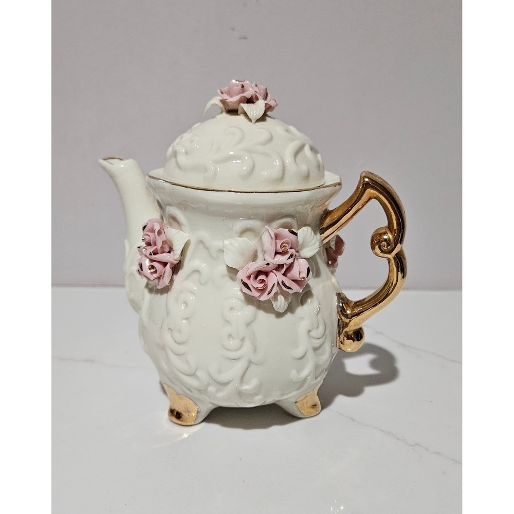 Vintage Miniature Porcelain Teapot Pink 3D Roses Gold Trim Embossed Scroll Decor